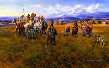 lewis and clark reach shoshone camp led by sacajawea the bird woman 1918 Charles Marion Russell American Indians Oil Paintings